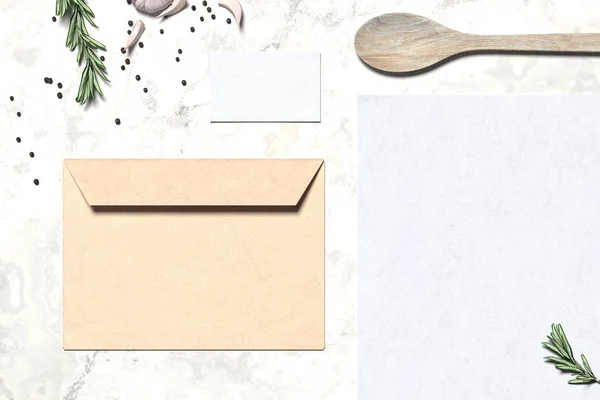 Blank envelope and business card near wooden spoon and flavorings. 3D rendering.