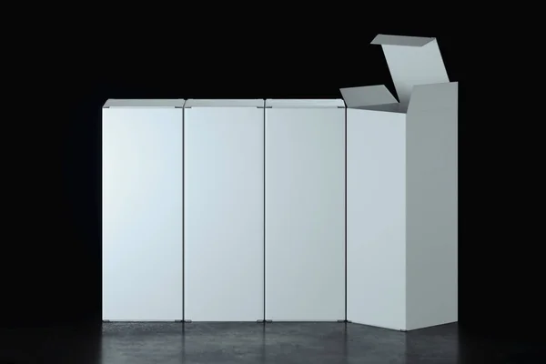 Пустые белые реалистичные картонные коробки на черном фоне. 3d-рендеринг . — стоковое фото