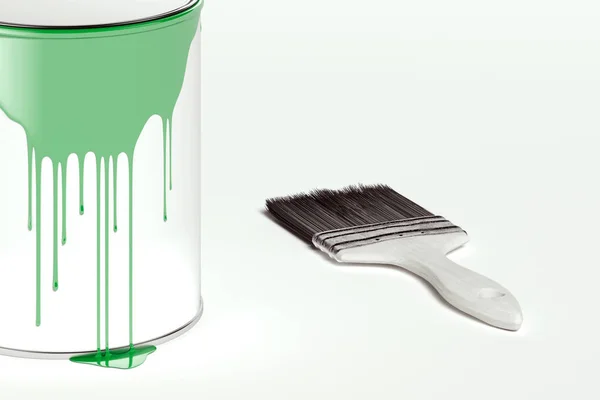 Primer plano de pintura verde y pincel aislado sobre fondo blanco. renderizado 3d . — Foto de Stock