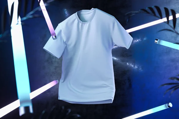 Weißes leeres T-Shirt auf neonbeleuchtetem abstrakten Hintergrund. 3D-Darstellung. — Stockfoto