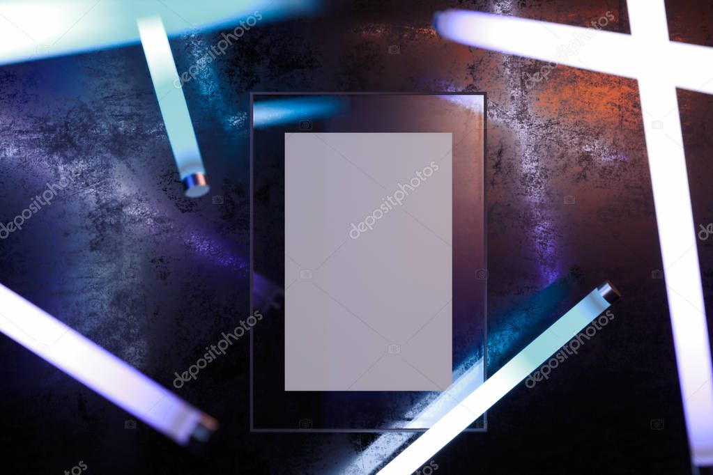 Transparent Blank photo frame on dark background. with lamps 3d rendering.