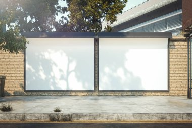 Parlak duvarda iki boş beyaz açık afiş, alay. 3d render.