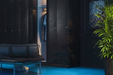 Spor salonunda soyunma odasında açık ışık ile Siyah Lockers. 3d render.