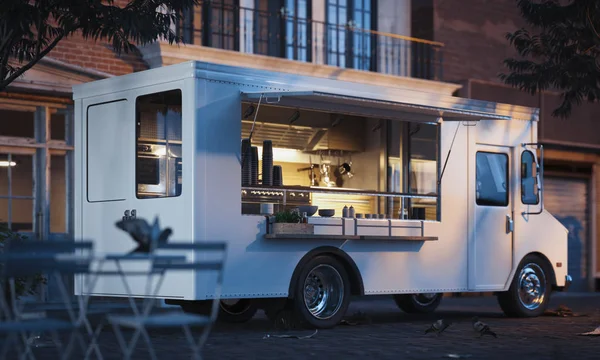 Food Truck med detaljerad interiör på gatan. Takeaway mat. 3D-rendering — Stockfoto