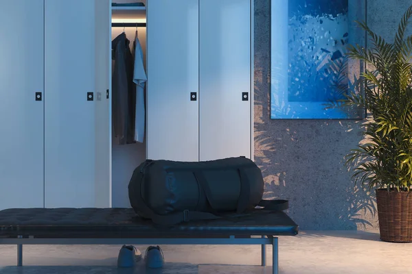 Белые шкафчики с включенным светом в раздевалке в спортзале. 3d-рендеринг . — стоковое фото