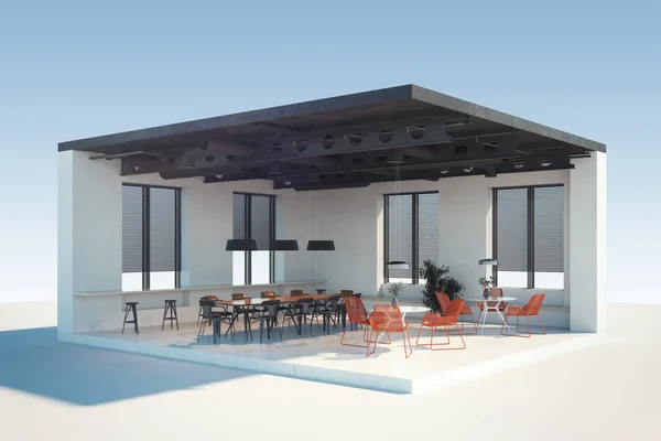 Modern kávézó vagy étterem nagy ablakokkal. 3D-leképezés. — Stock Fotó