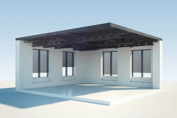 Casa moderna in taglio con grandi finestre e pareti luminose. rendering 3d . — Foto Stock