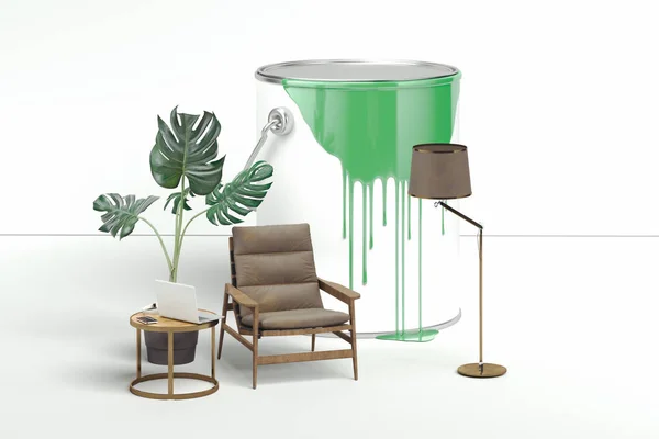 Paint bucket with spilled paint next to modern furniture. 3d rendering. — Stock Photo, Image