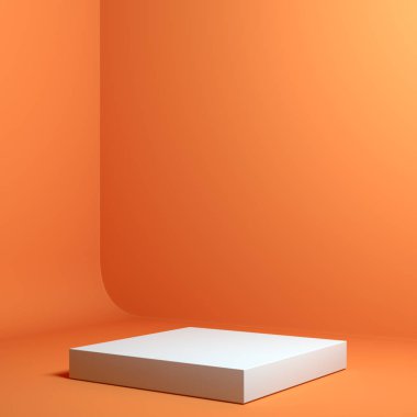 Turuncu arka plan üzerinde kaide üzerinde boş alan ile Modern Vitrin. 3d render.