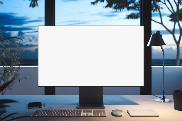 Black realistic pc with big blank white monitor with big windows behind. 3d rendering. — Stock Photo, Image