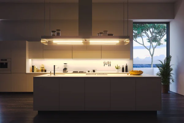 Interior dari modern cerah gaya dapur dengan jendela besar dan meja. Rendering 3d. Malam waktu . — Stok Foto