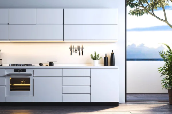 Interno di luminoso moderno elegante cucina con grandi finestre vista mare. rendering 3d . — Foto Stock