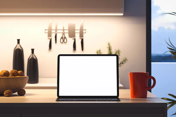 Close-up van laptop met blanco wit scherm op tafel in moderne keuken interieur. 3D-rendering. — Stockfoto