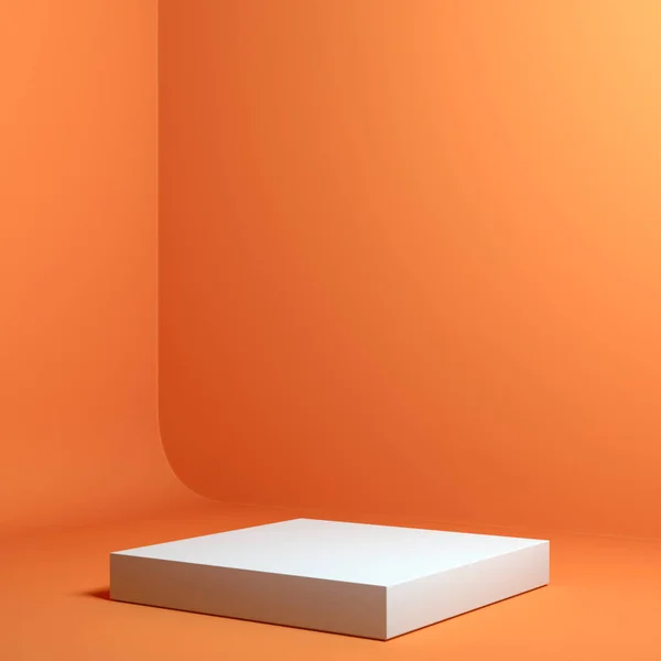Moderne vitrine met lege ruimte op sokkel op oranje achtergrond. 3D-rendering. — Stockfoto