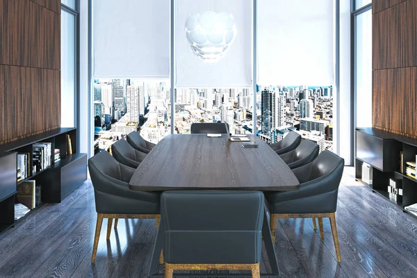 明るいモダンな会議室のインテリアには、大きな窓、暗いアームチェア、木製のテーブルが備わります。3D レンダリング. — ストック写真