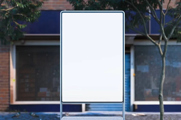 Branco iluminado branco banner ao ar livre stand na hora do dia na cidade, 3d renderização . — Fotografia de Stock