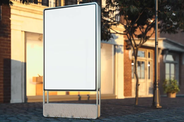 Blanko beleuchteter weißer Außenbanner-Ständer zur Abendzeit in der Stadt, 3D-Rendering. — Stockfoto