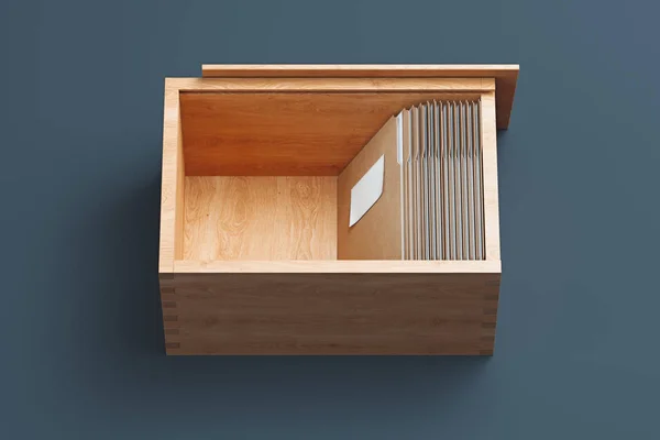 木製の箱に文書と白い紙シートを持つ段ボールフォルダ。3D レンダリング. — ストック写真