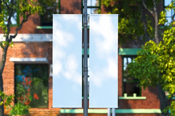 Blanko-Roll-up-Attrappe. leere Plakatvorlage. Straßenschild, Beschilderung, 3D-Rendering. — Stockfoto