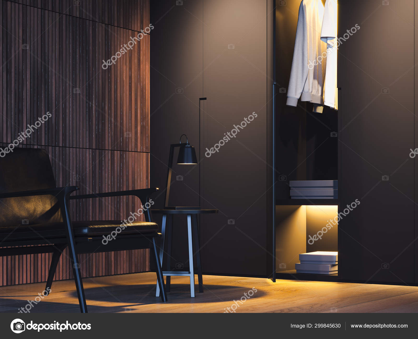 Modern Stylish Wardrobe Room With Wooden Walls And Floor