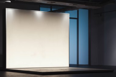 Işıklı boş beyaz Tuval pankart veya billboard veya duvar showroom, 3d render.