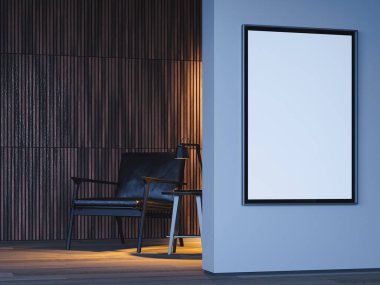 Siyah koltuk yakınındaki parlak duvarda modern şık odada boş beyaz poster. 3d render.