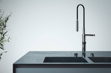 Şık lavabo ve su musluk musluk. Aydınlık modern şık mutfağın iç mekanı. 3d render. Minimalizm kavramı.