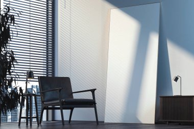Siyah koltuk yakınındaki parlak duvarda modern şık oda iç boş beyaz poster. 3d render.