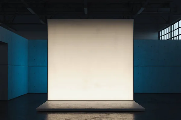 Osvětlený prázdný bílý plátěný štítek nebo billboard nebo zeď v showroom, 3D vykreslování. — Stock fotografie