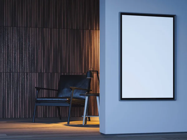 Cartaz branco em branco no quarto elegante moderno na parede brilhante perto de poltrona preta. Renderização 3d . — Fotografia de Stock