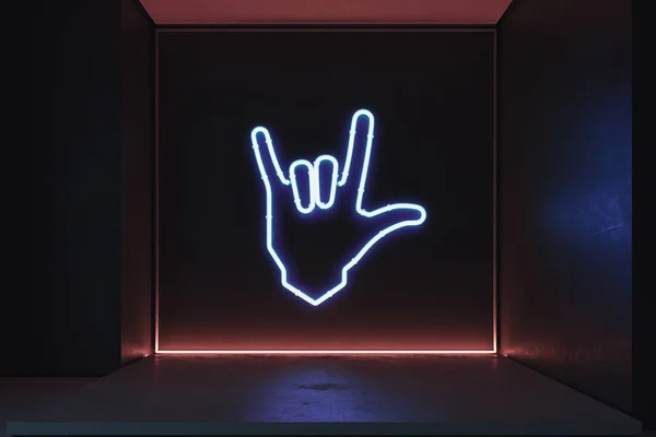 Hand in rock and roll sign made from neon lamps in dark room. 3d rendering.