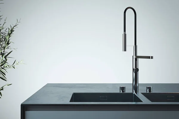 Κομψός νεροχύτης και βρύση νερού. Εσωτερικό της λαμπρούς μοντέρνας κομψούς κουζίνας. απόδοση 3D. Μινιμαλιστική ιδέα. — Φωτογραφία Αρχείου