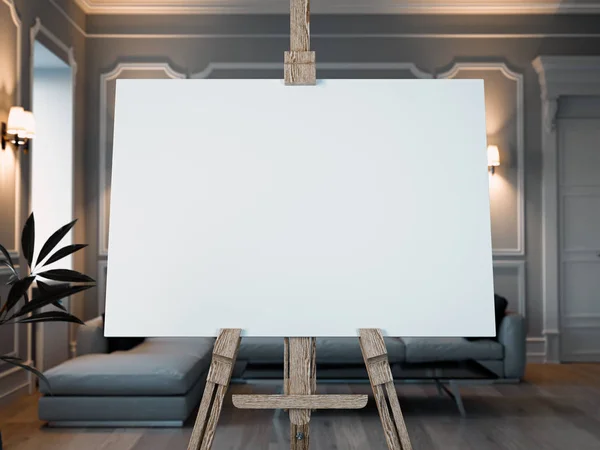 Чистий мольберт з білим полотном в сучасному інтер'єрі кімнати. 3D візуалізація . — стокове фото