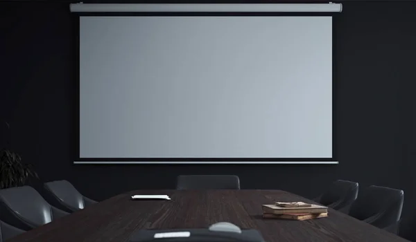 현대적인 회의실의 프로젝터 스크린 캔버스. 3D 렌더링. — 스톡 사진