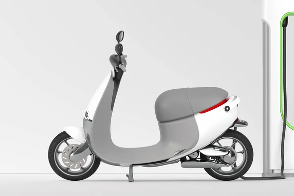 Elektroroller Moped mit Elektroladegerät. Öko-alternatives Verkehrskonzept. 3D-Darstellung. — Stockfoto