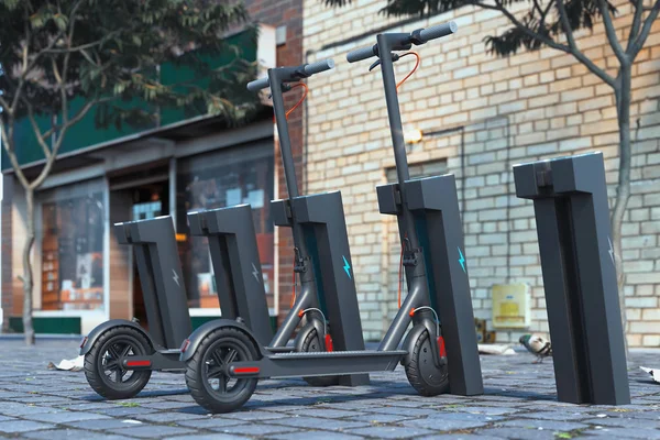 Elektrisk skoter med elektrisk chargeron stadsbilden. Eco alternativ transportkoncept. 3D-rendering. — Stockfoto