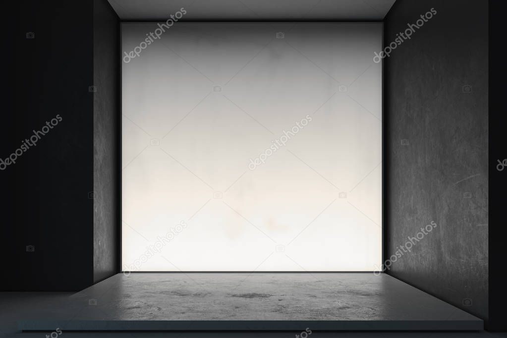 Illuminated blank white Canvas placard or billboard or wall in showroom, 3d rendering.