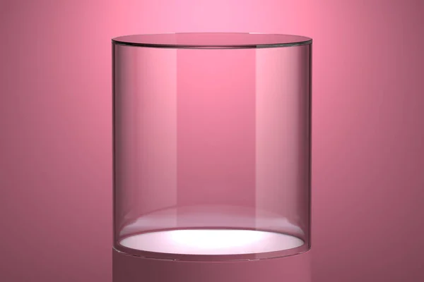 Moderne Vitrine mit leerem Raum auf Sockel auf rosa Hintergrund. 3D-Darstellung. — Stockfoto
