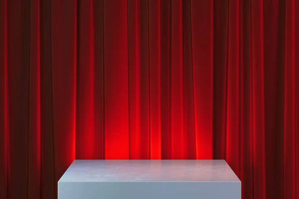 Moderne Vitrine mit leeren Raum auf Sockel auf rotem Vorhang Hintergrund. 3D-Darstellung. — Stockfoto