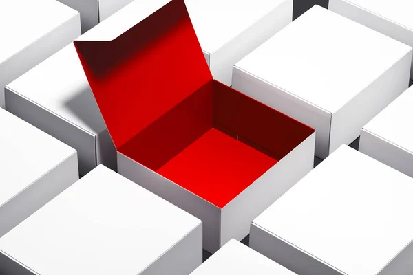 Leere weiße realistische Pappschachteln und eine Schachtel ist geöffnet und innen rot. 3D-Darstellung. — Stockfoto