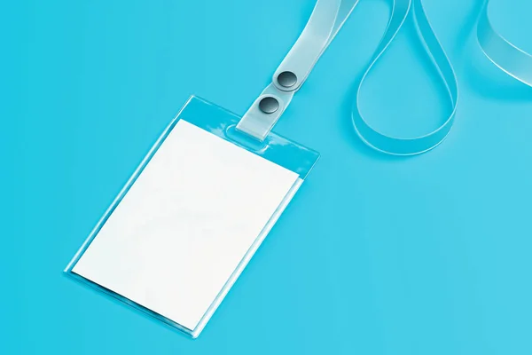 Transparent lanyard and blank white badge isolated on blue background. 3d rendering. — Stock Photo, Image