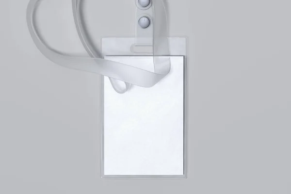Transparentes Schlüsselband und leeres weißes Abzeichen isoliert auf hellem Hintergrund. 3D-Darstellung. — Stockfoto