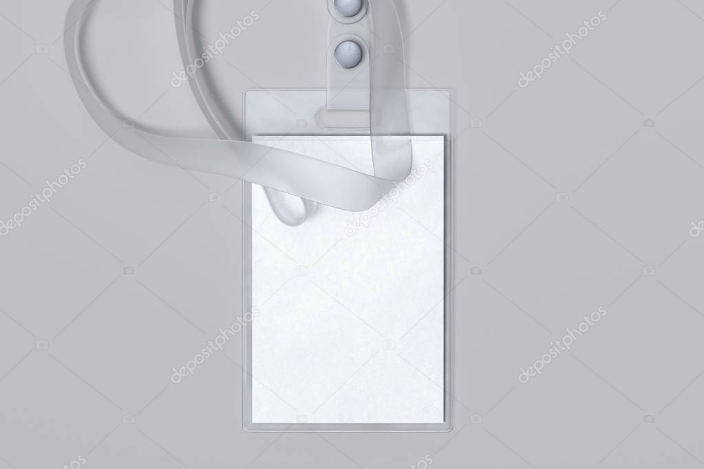 Transparent lanyard and blank white badge isolated on light background. 3d rendering.