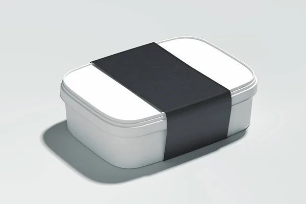 Leere weiße realistische Plastikbox mit schwarzem Leerband oder Etikett isoliert auf weißem Hintergrund. 3D-Darstellung. — Stockfoto