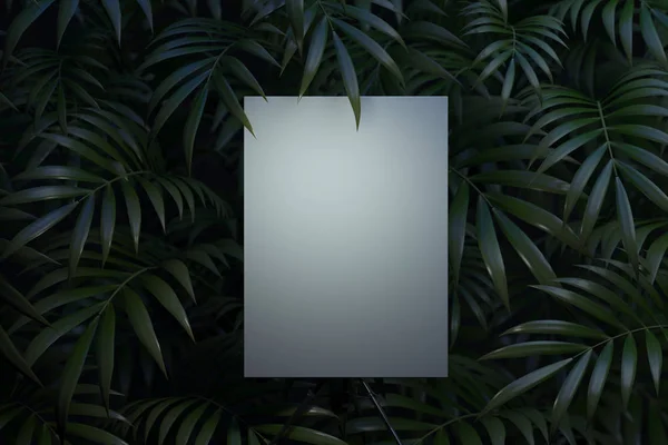 Osvětlený stojan s prázdným bílým plátnem na zeleném pozadí zeleného tropického květů. prostorové vykreslování. — Stock fotografie