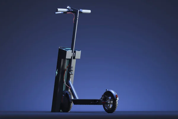 Elektrisk skoter med elladdare. Eco alternativ transportkoncept. 3D-rendering — Stockfoto