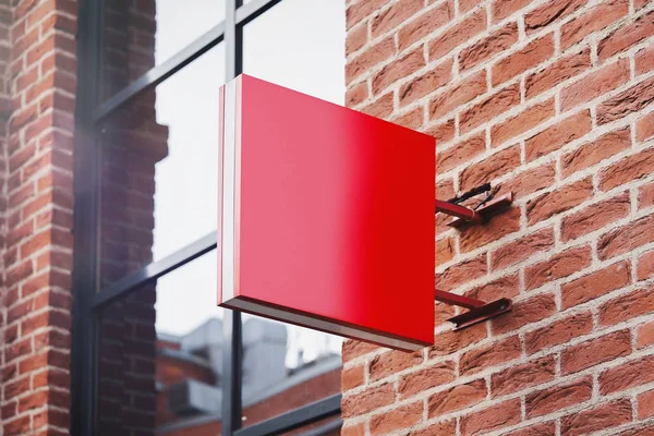 Blank red square store signboard Mockup. Empty shop Street sign, signage on the wall. , 3d rendering.