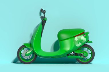 Yeşil Elektrikli scooter moped. eko alternatif ulaşım kavramı. 3d render. Yan görünüm. Minimalizm.