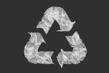 Siyah arka plan üzerinde plastikten yapılmış şeffaf geri dönüşüm işareti. Eko çevre koruma konsepti. 3d render.