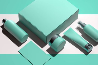 Krem, jel, losyon için Kozmetik Şişe Seti. Güzellik ürün paketi, plastik kapların boş şablonları. 3d render.